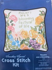 SOMETHING SPECIAL Stamped Cross Stitch 14" Pillow Kit FLOWERS ARE A BLOOMING ...