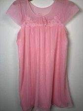 Vintage 70s JCPenney Gaymode Pink Nylon Nightgown L Sheer Floral Appliqué Flowy