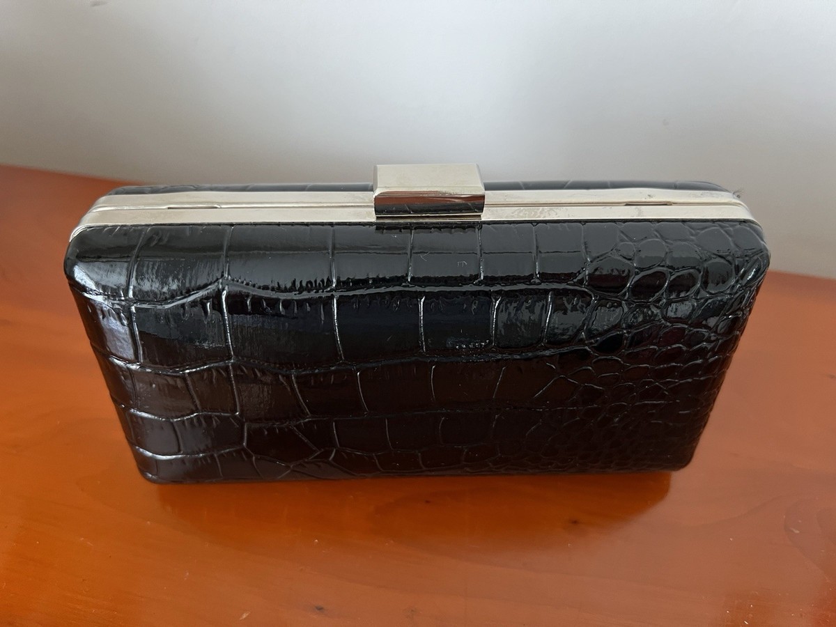 Lovely Black Patent Moc Croc Hard Case Clutch Bag UK - Main Image