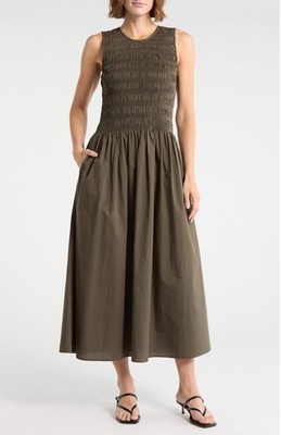 Rag & Bone Lane Sleeveless Smocked Cotton Maxi Dress Mid Olive Size Small S $448