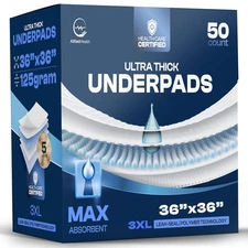 50 Pack Incontinence Bed Pads Disposable for Adults 125 Gram - 3XL 36" x 36" ...