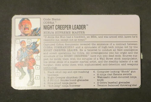 Night Creeper Leader File Card 1992 Gi Joe Vintage DC