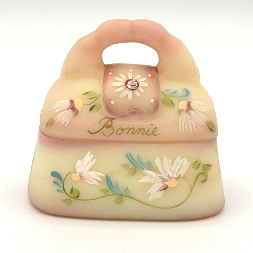 Rare Fenton Burmese Trinket Box Purse Figurine Vaseline Uranium Glass Signed