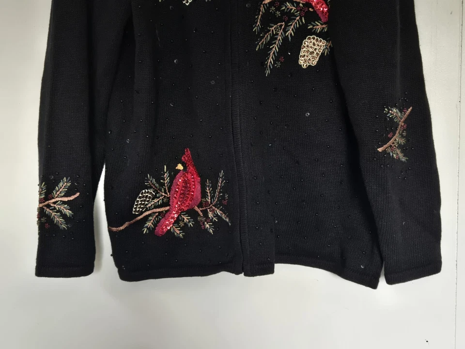 Quaker Factory Sweater Womens L Black Cardigan Cardinal Sequin Bird Tassled Zip - Image 3 of 4