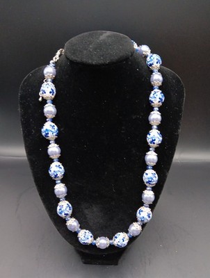 Vintage Beautiful Multiple Blue Glass &Hand Painted Ceramic Beads With Filigree