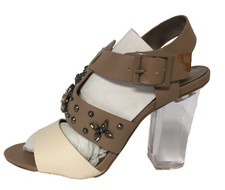 Women taupe Open Toe Clear High Chunky Heel Rimstone Party Wedding Sandals sz 9
