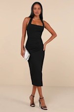 Lulus Prominent Charm Halter Bodycon Tulip Midi Dress Black XS