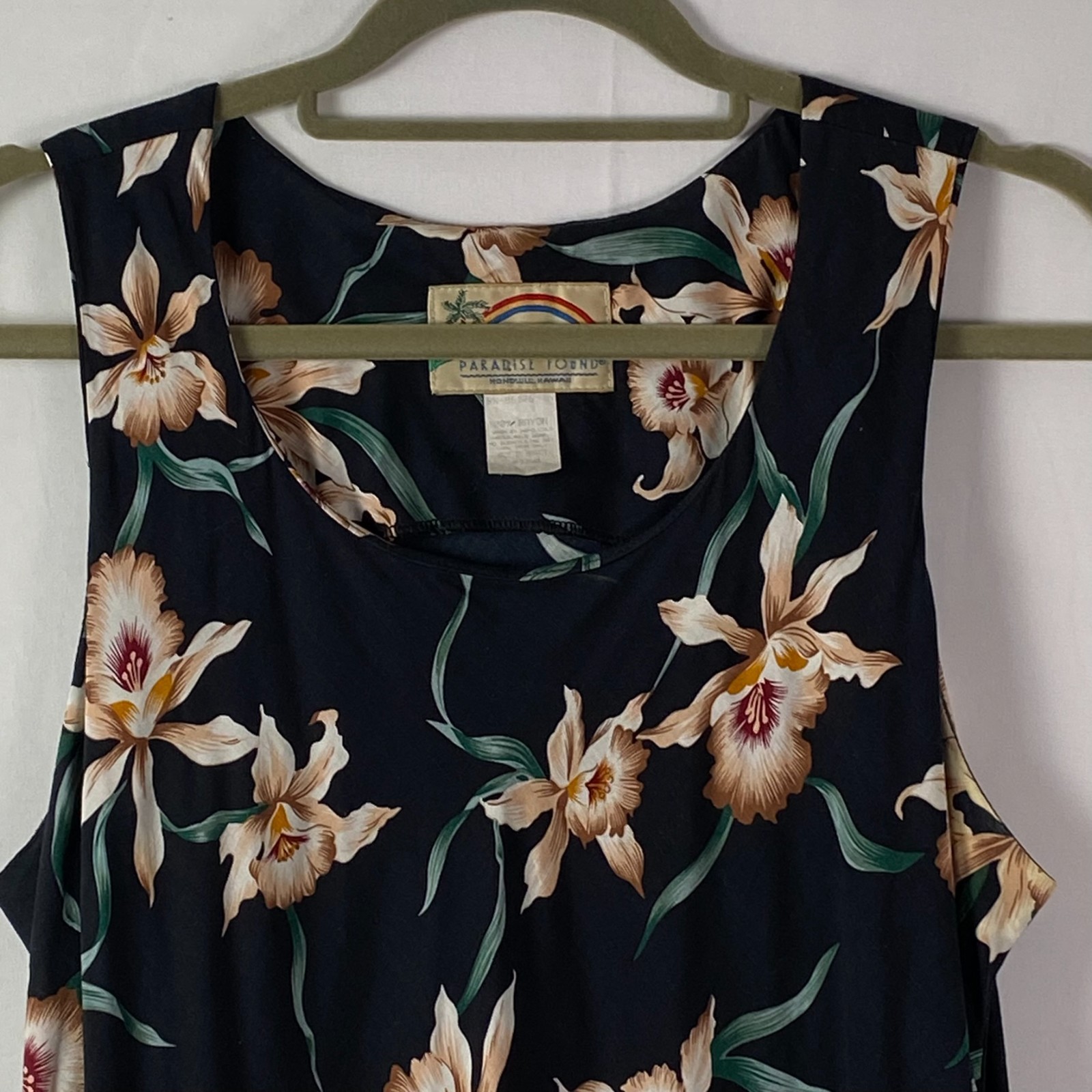 Paradise Found Hawaiian Star Orchid Black Tank Shealth Dress Sz L Coastal Beach