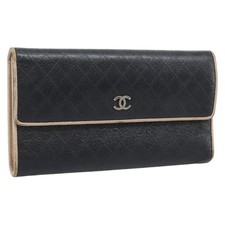 CHANEL Bicolore Long Wallet Leather Black Silver CC Auth fm5370