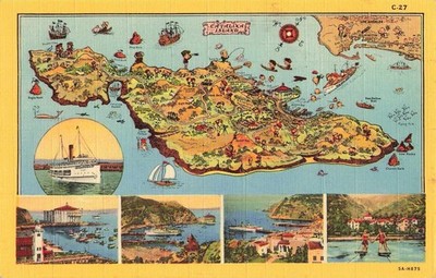Postcard Catalina Island Map Aerial View Vintage Linen