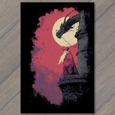 POSTCARD Wizard Tower Full Moon Dragon Confrontation Gothic Fantasy Red Sky Magi