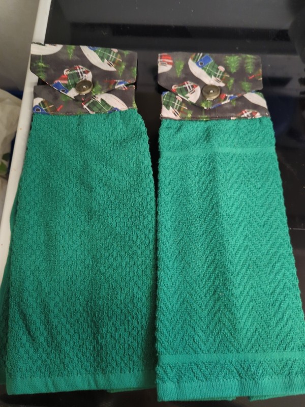 HANDMADE HANGING KITCHEN TOWELS Green With Camper Dish towels (2)