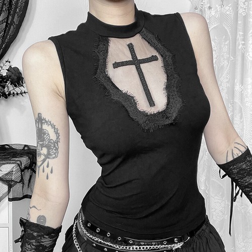Mujeres Calle Gótica Camisola Punk Camiseta sin Mangas Sexy Camiseta corta Chaleco Camiseta - Imagen 4 de 8