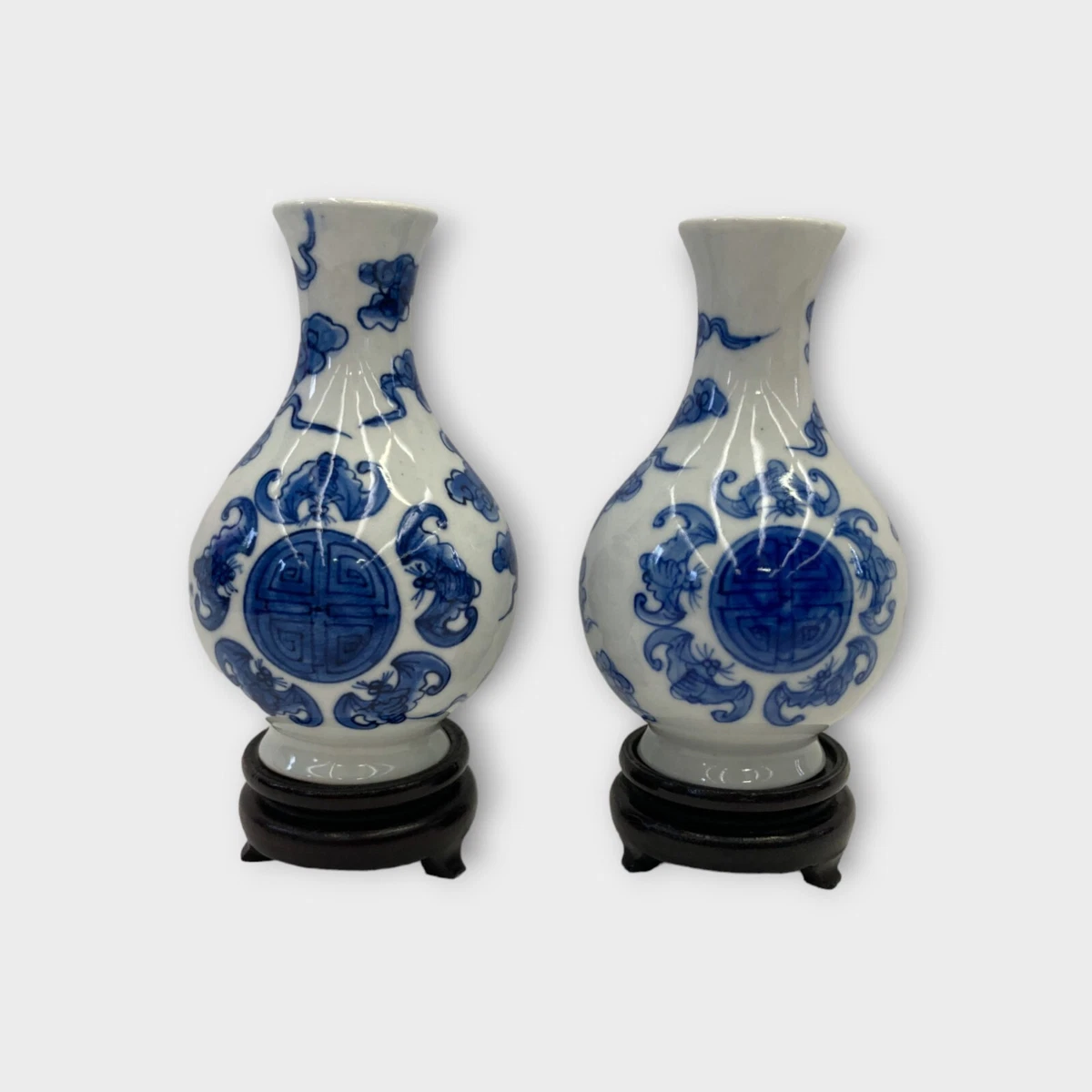 Pair of Small Blue & White Chinese Vases on Stands Bat Motif & Clouds 9cm