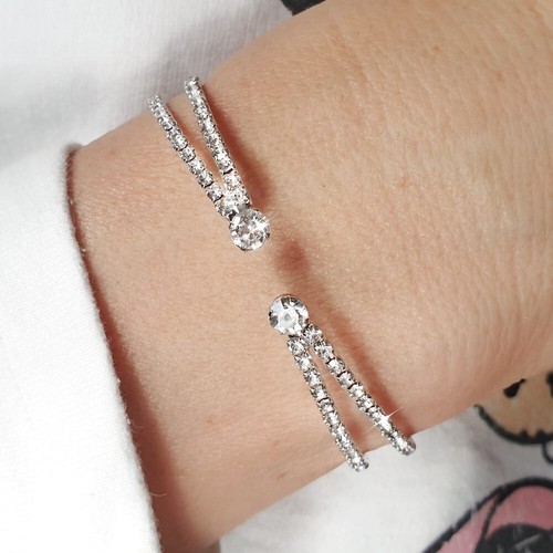 Silver Zirconia Crystal Cuff Bracelet Crystal Tennis Bangle Bridal Wedding Gift - Picture 3 of 10