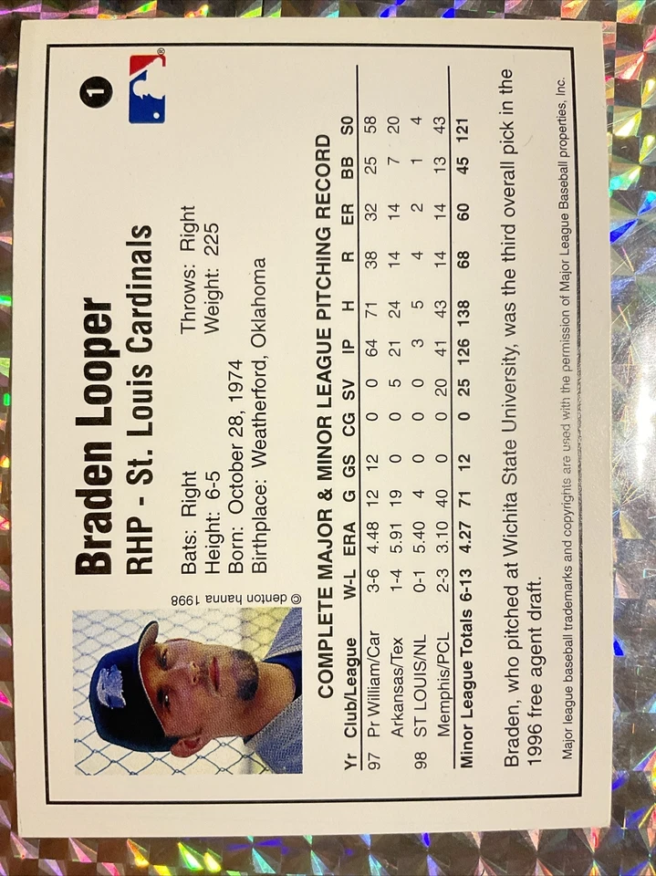 1998 ARIZONA FALL LEAGUE PROSPECTS GOLD BORDER BRADEN LOOPER ROOKIE CARDINALS #1 - Image 3 of 3