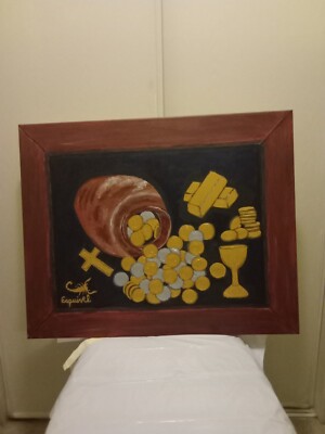 ACRYLIC PAINTING ON CANVAS. HAND PAINTED. OF A GOLD AND SILVER TREASURE
