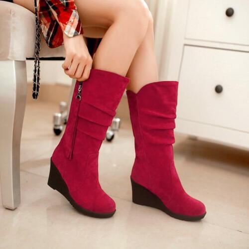 Chic Womens Winter Mid Calf Boots Faux Suede Wedge Heel Round Toe Pull On Shoes - Picture 1 of 28