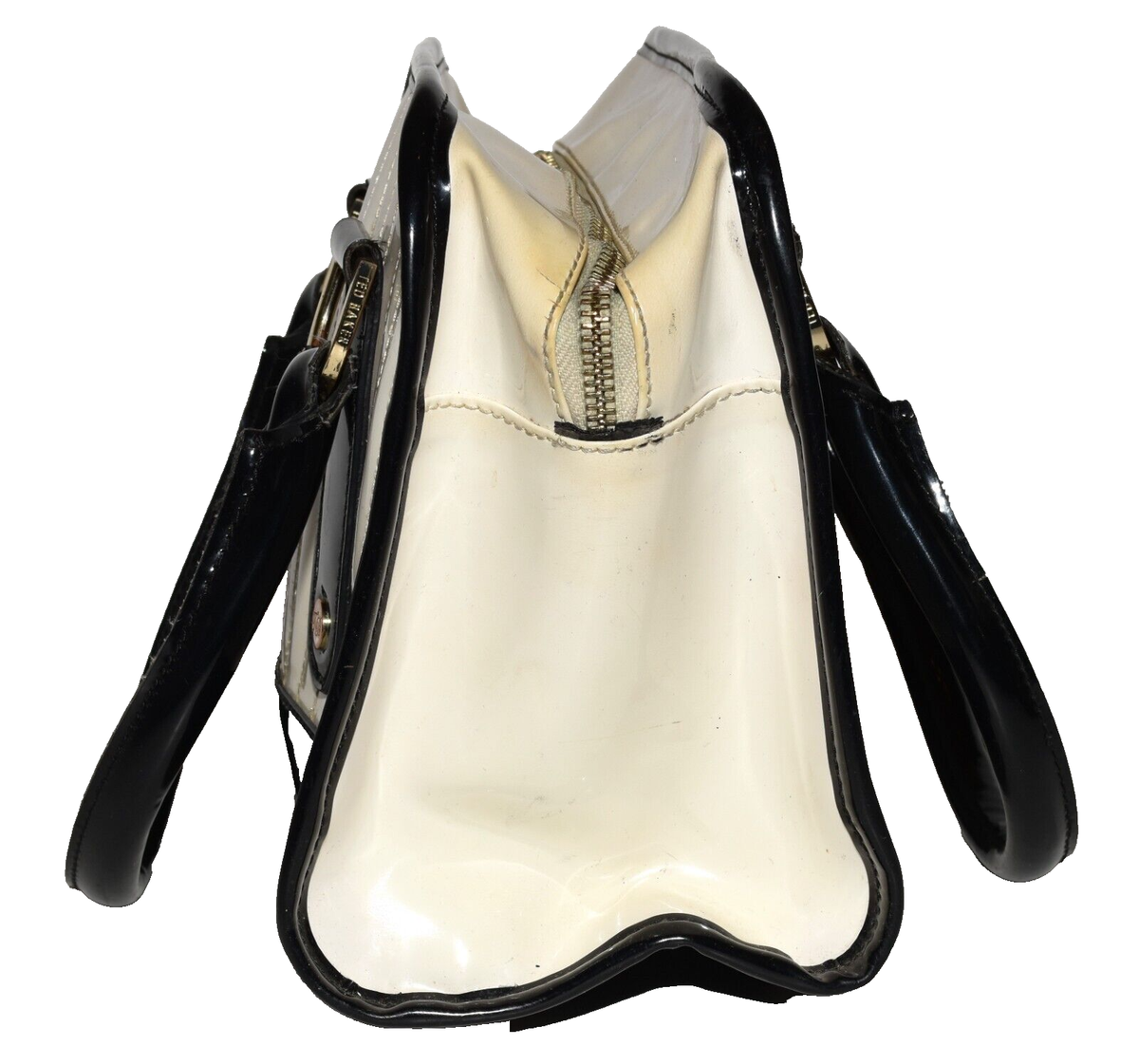 Ted Baker White Black with Stitched Stripes Faux Patent Leather Satchel  Handbag