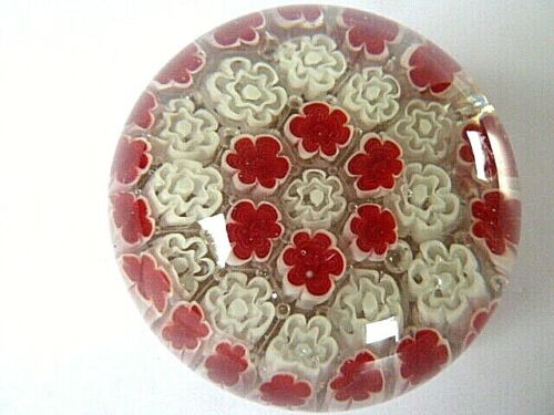 VINTAGE MURANO ITALY ART GLASS PAPERWEIGHT RED &amp; WHITE DAISY CANES