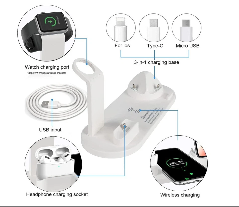 STAZIONE DI RICARICA 4 IN 1 WIRELESS USB QI SMARTPHONE AURICOLARI SMARTWATCH - Immagine 4 di 4