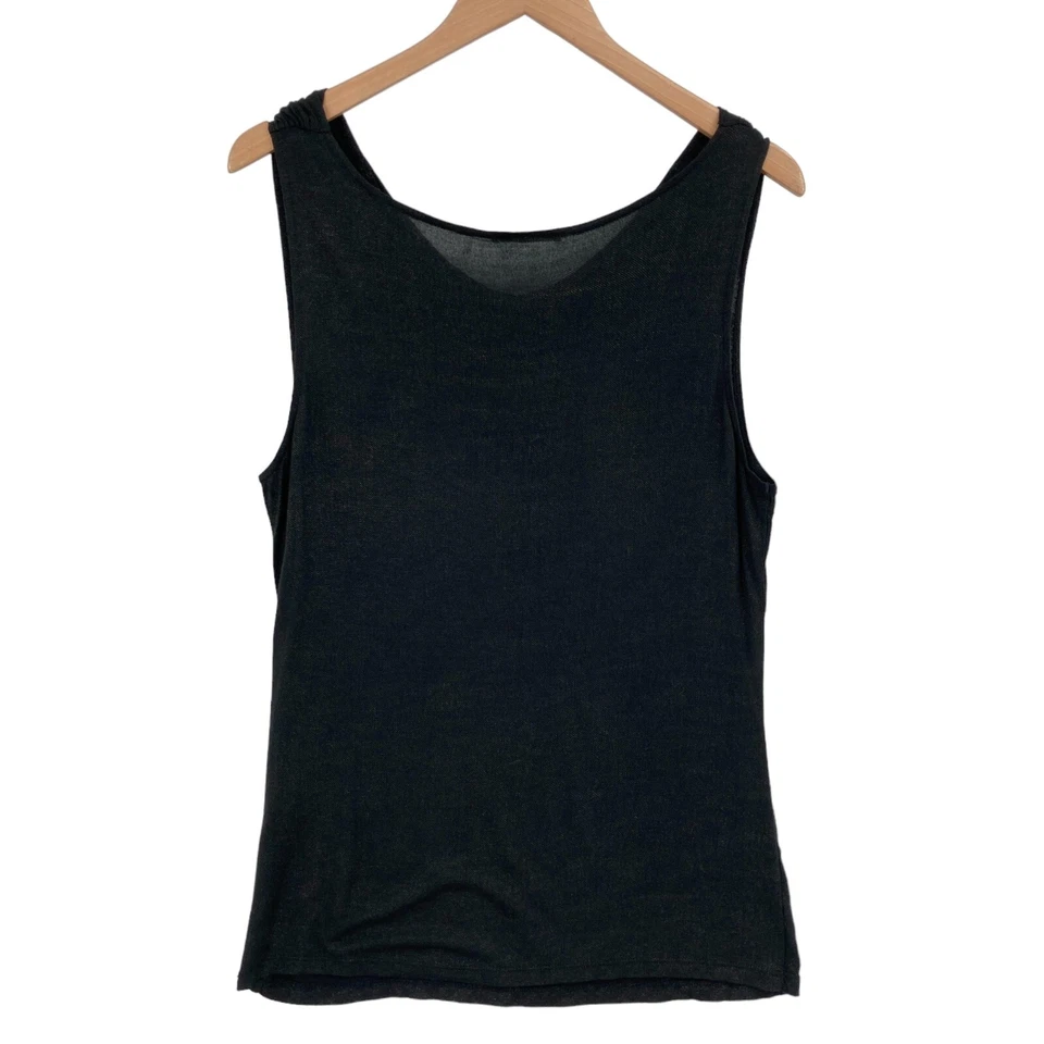 Camiseta sin mangas Tahari para mujer grande negra brillante viscosa sin mangas drapeada capucha cuello Foto 2 de 4