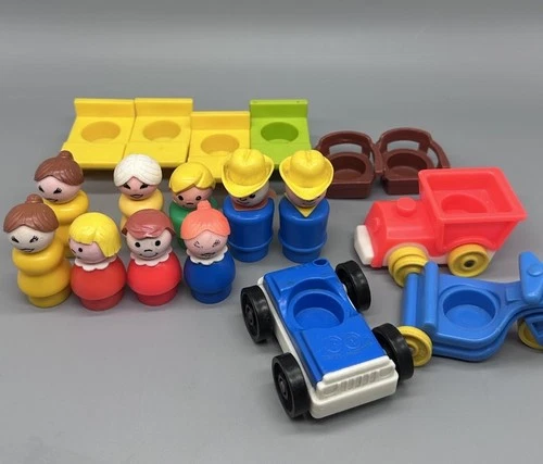 Vintage Fisher-Price Little People Lot Figures Vehicles Desks Chairs 18 Piece