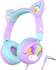 Kids Headphones Cat Ear LED Light Up 85dB Safe Volume Wired Purple