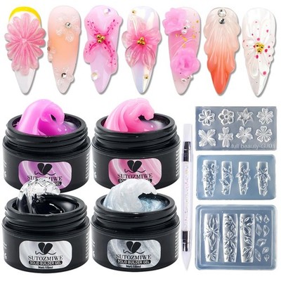 Solid Builder Gel for Nails,4 Colors Non-Sticky 3D Pink, Purple, White, Clear