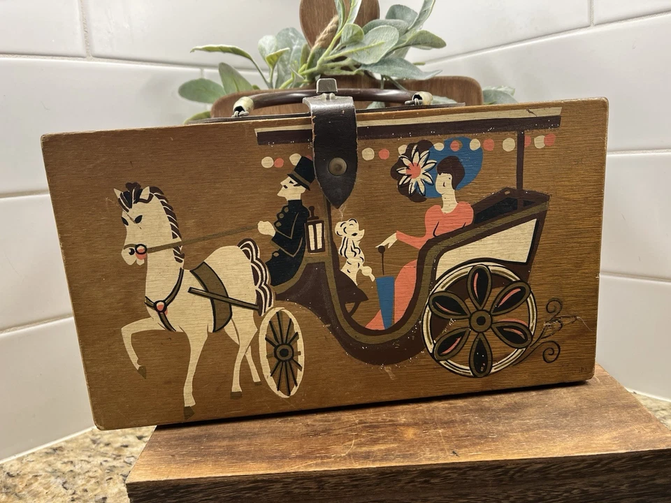 Antiga bolsa de mão de madeira anos 60 Enid Collins Of Texas caixa carruagem comércio cavalo - Imagem 3 de 4