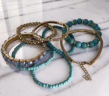 8 Bracelets Stackable Set Bohemian Boho Stretch Blue Gold Tone Women  s NWOT