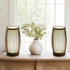 Boho Bamboo Table Lamps Set of 2 Beige Linen Shade
