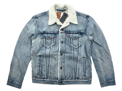 Levis Premium Mens M Light Blue Wash Type III Denim Jean Sherpa Trucker Jacket