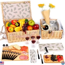 Hap Tim Elegant Dual Wicker Picnic Basket Set with Blanket & Charcuterie for 2-6