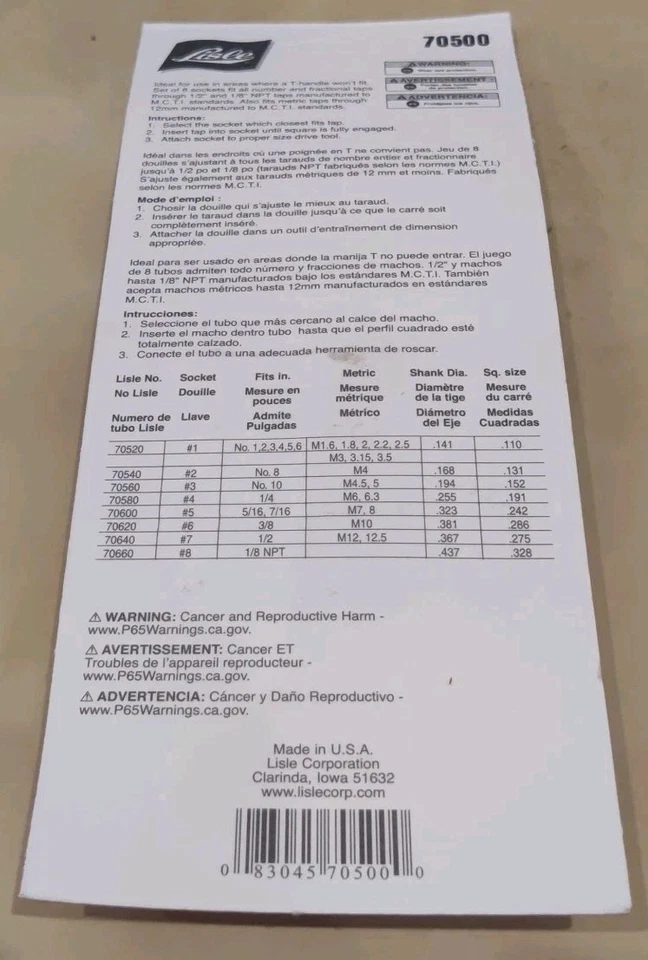 Juego de 8 enchufes para grifo Lisle 70500 Hecho en EE. UU. - Nuevo/Sellado Foto 2 de 2