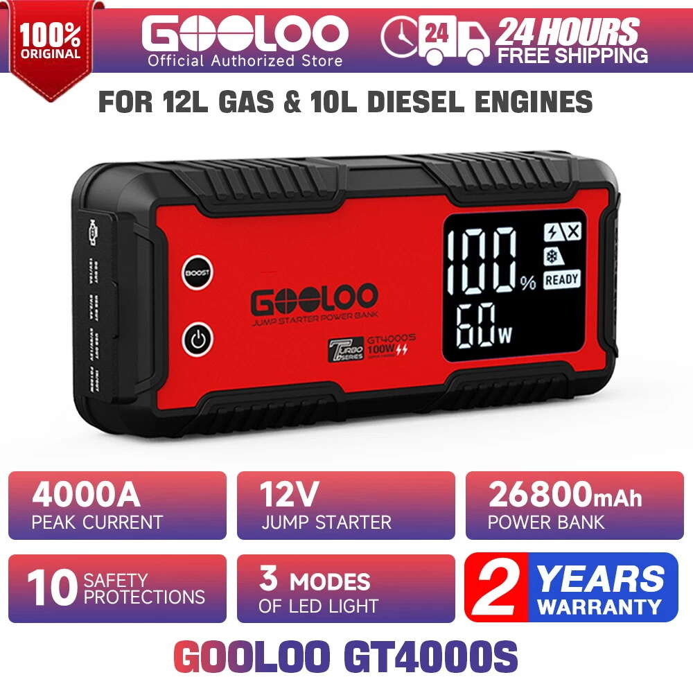 GOOLOO GT4000S Jump Starter 4000 Amp Car Starter with 100W USB C Wall  Charger, 12V Lithium Portable Car Battery Booster Pack for Up to 10L Diesel  and