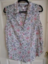H & M Sheer Pink Blue Floral Sleeveless Top Button up Collar Blouse -14