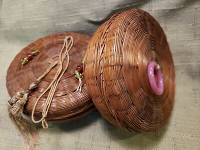 Vintage Pair Of Woven And Lidded Medium Brown Baskets w/Pull Handles, Folk Style