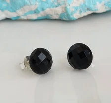 Natural Onyx 10mm Faceted Half round Stud Earrings Solid 925 Sterling Sliver