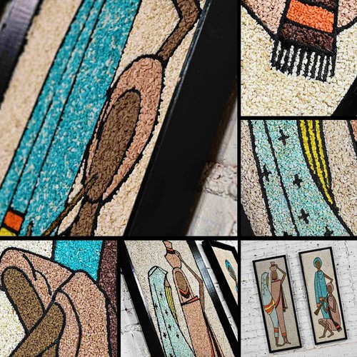 1960er Jahre Mitte des Jahrhunderts moderne gerahmte Kies Wandkunst figurale Mosaiken ein Paar - Bild 16 von 19