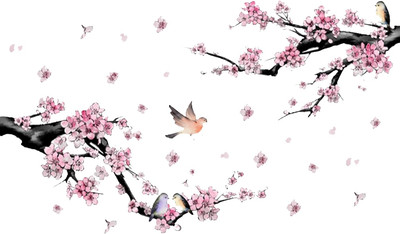 Wandtattoo Blume Vogel Baum, 2 Stück Wandtattoo Kirschblüte Rosa Baum Ast Floral