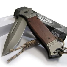 Wood Handle EDC Spring Assisted Folding Knife - Pocket Clip Lanyard - Rite Edge