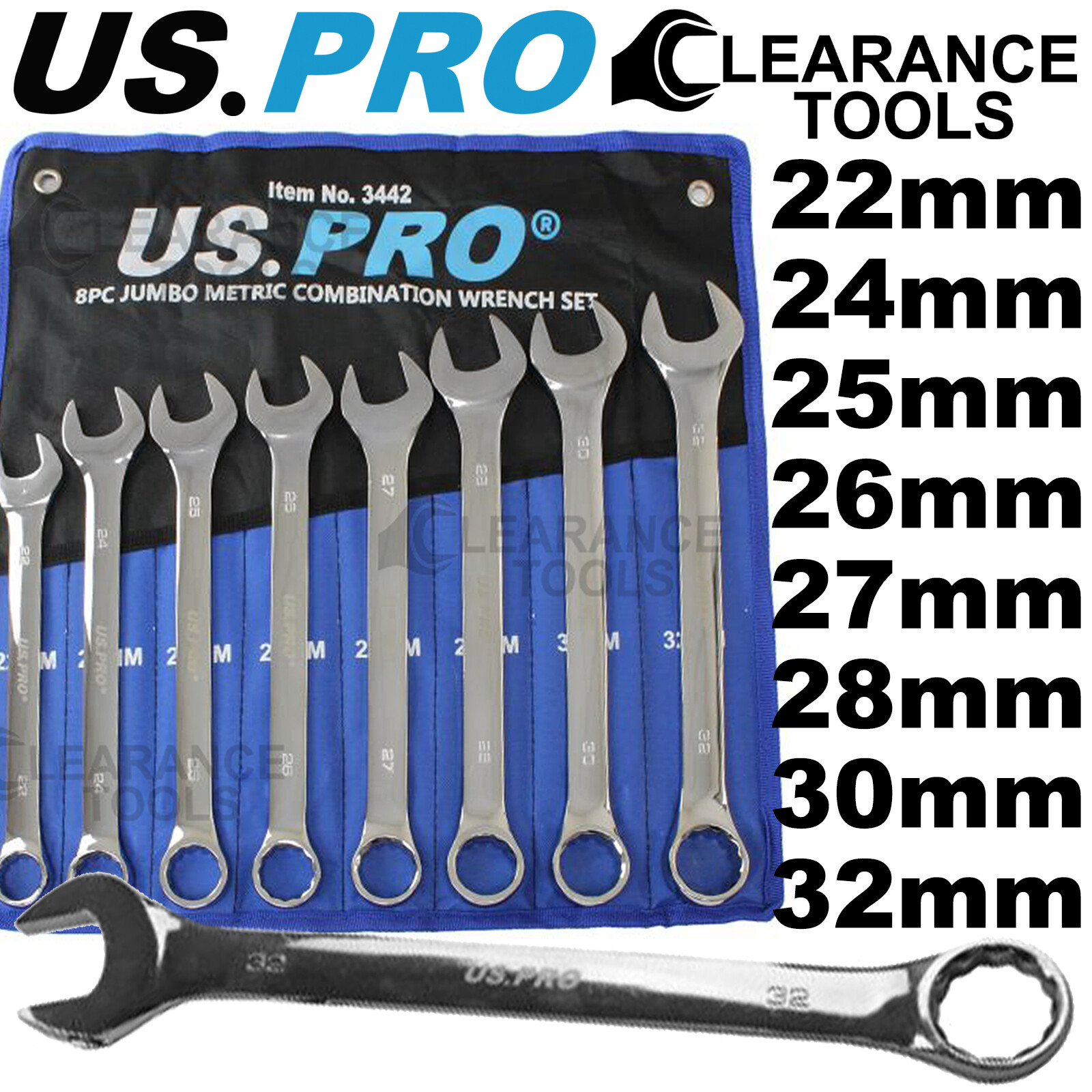 US PRO Jumbo Spanners 8pc Long Reach Combination Wrench Spanner Set 22-32mm 3442