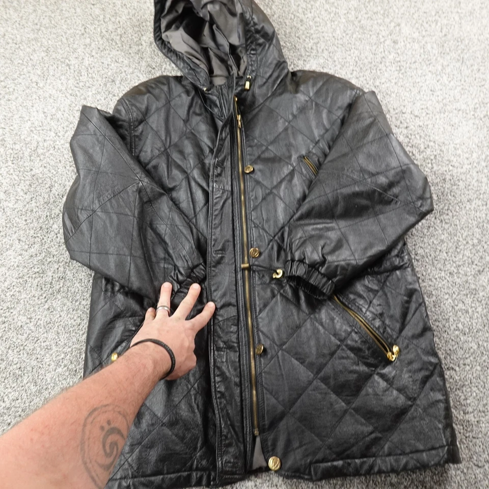 VTG Winlit Jacket Womens L Black Leather Zip Button Quilted Parka Trench Coat - Image 2 of 4