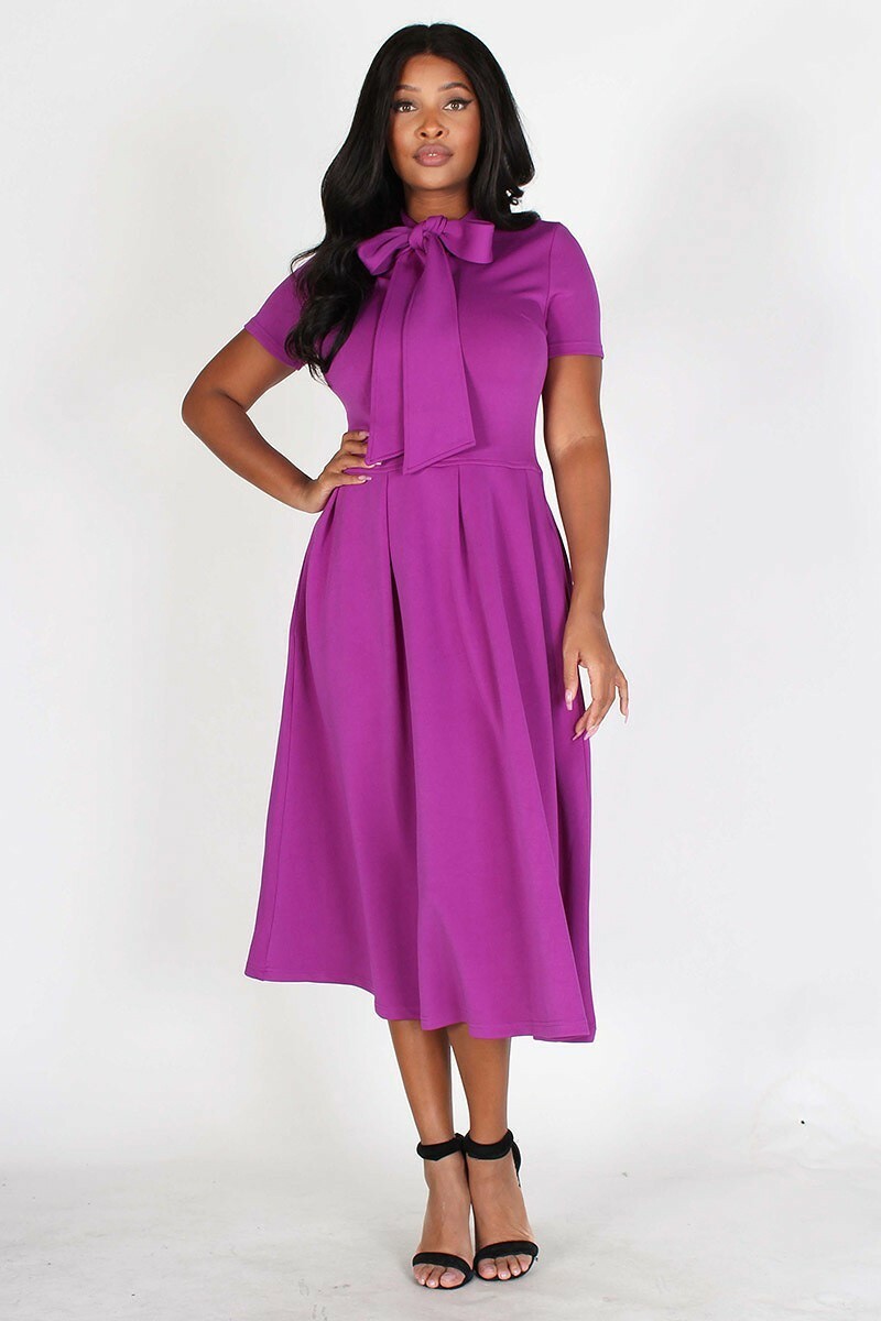 Modest Flare Bow Tie Midi Dress | eBay