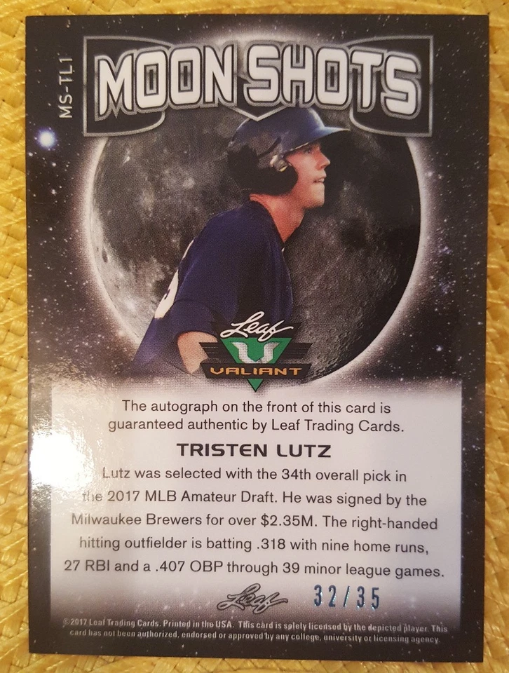 2017 LEAF VALIANT TRISTEN LUTZ MOON SHOTS BLUE AUTO #'D 32/35 - Image 3 of 4