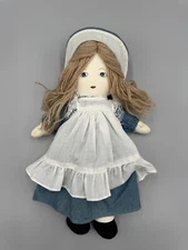 Pier 1 Imports Cloth Rag Doll Baby Plush Yarn Hair 12” In Blue Dress & Apron