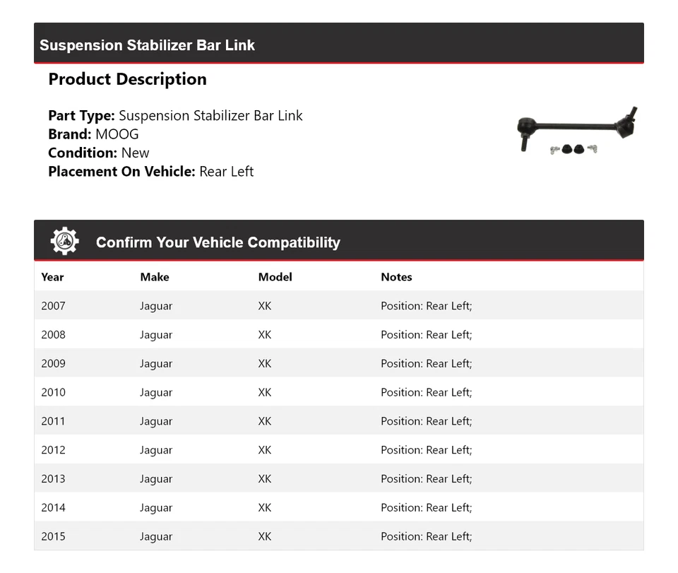 Barra estabilizadora de suspensión trasera izquierda MOOG 2007-2015 para Jaguar XK 2007-2015 2007 2008 Foto 2 de 4