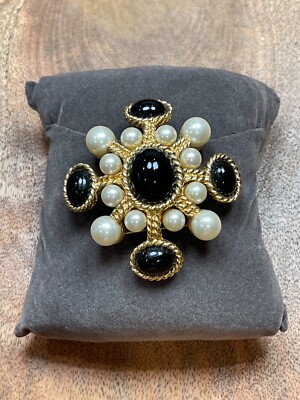 Ciner Gold toned faux pearl w black cabochons Brooch Pin Pendant