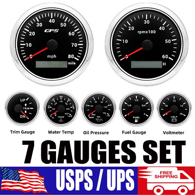 7 Gauge Set 85mm Boat GPS Speedometer 80MPH Tacho & 52mm Fuel/Temp/Oil/Volt/Trim